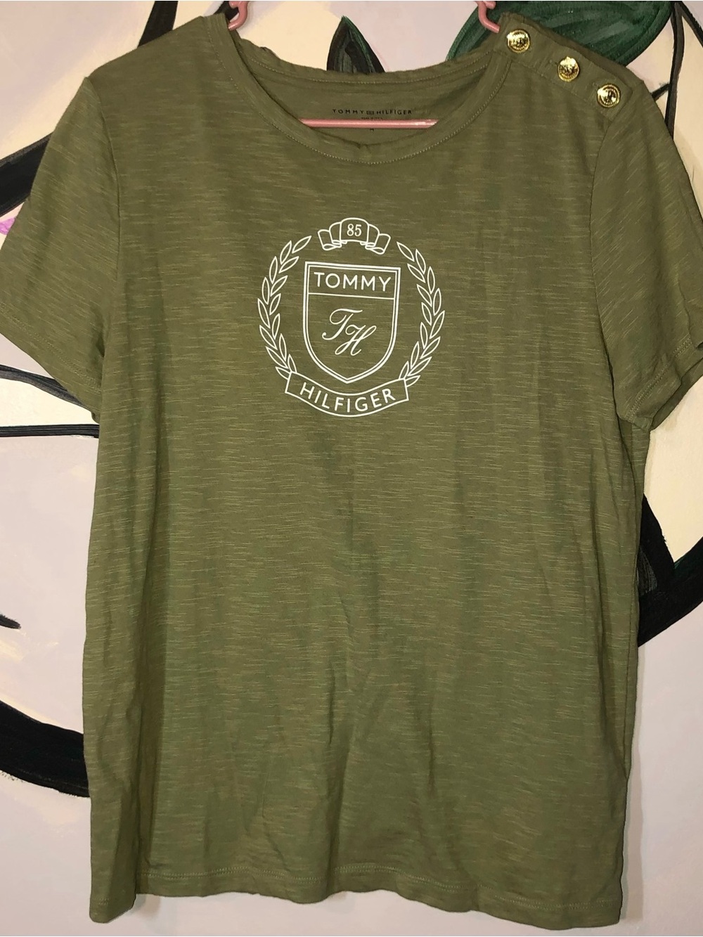 Tommy Hilfiger Olive Short Sleeve Crest Tee with Shoulder Buttons